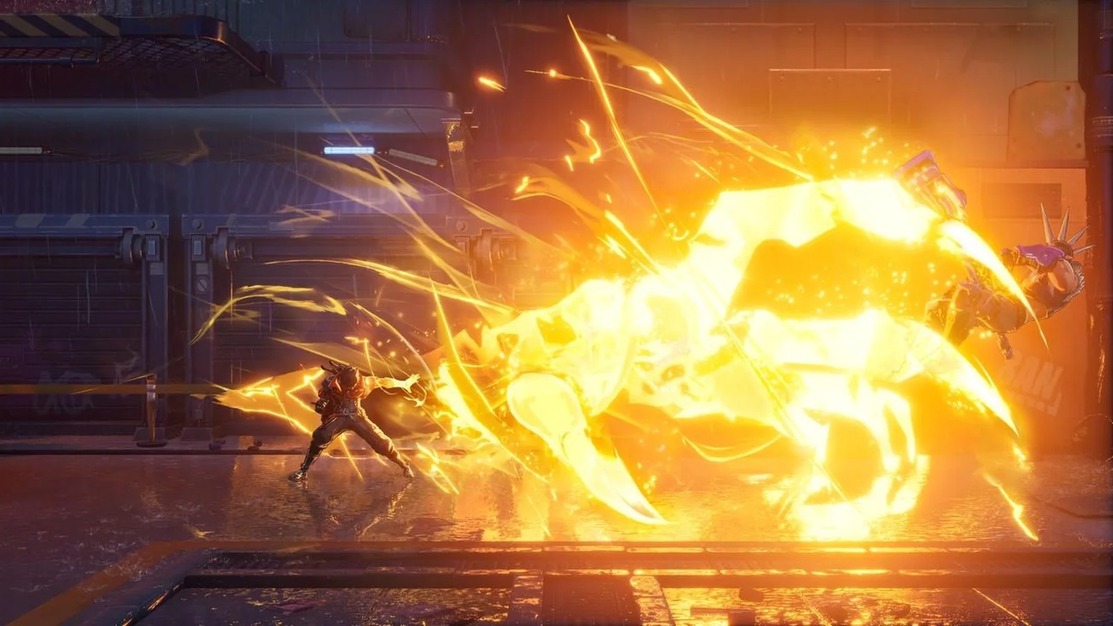 Official SlashZero gameplay image showing a Timehacker standing in a futuristic city environment with a glowing golden