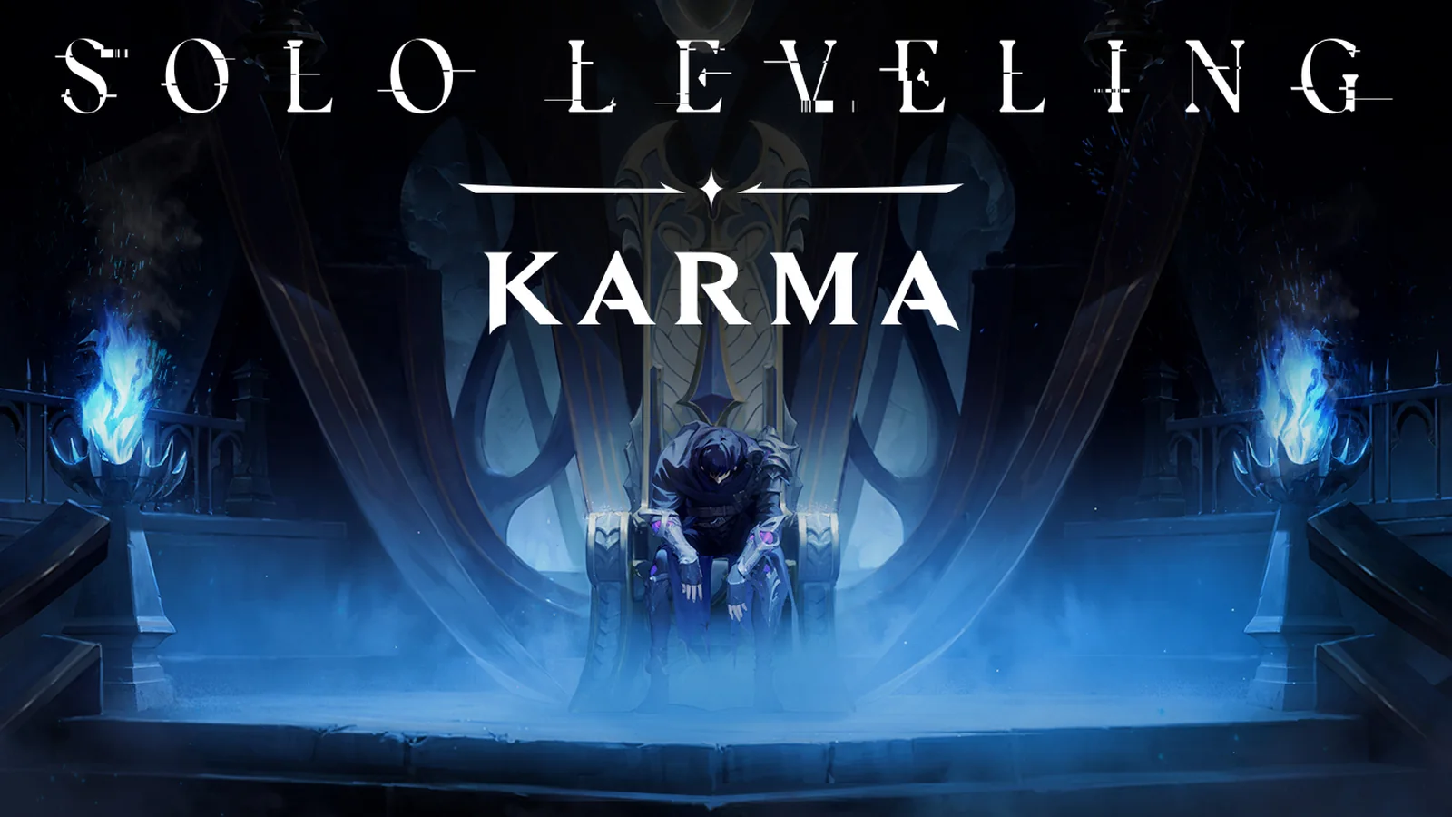 Official Solo Leveling: KARMA reveal artwork showing Sung Jinwoo and the game's dark Dimensional Gap setting