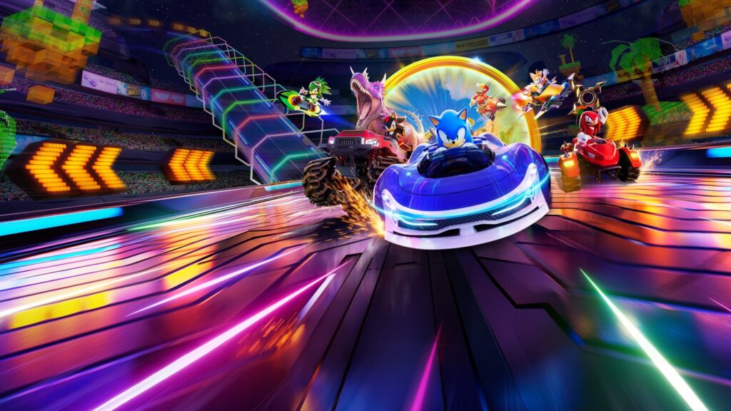 Official PlayStation screenshot showing Sonic performing an aerial trick on a shipping-yard course