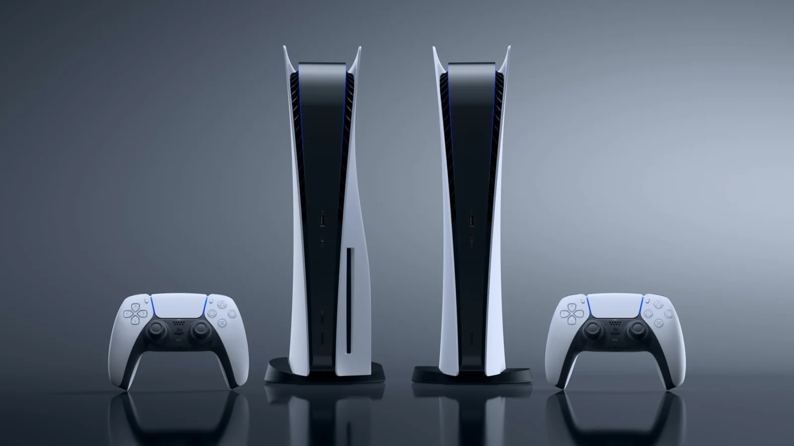 Official Sony image of the PlayStation 5 console highlighting its sculpted white-and-black hardware design