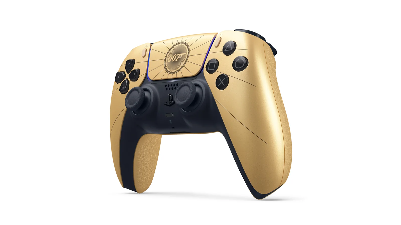 Gold 007 First Light Limited Edition DualSense shown at a front three-quarter angle
