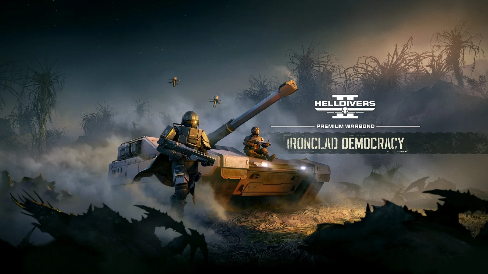 Official Helldivers 2 Ironclad Democracy image showing a heavily armored Helldiver holding a large weapon