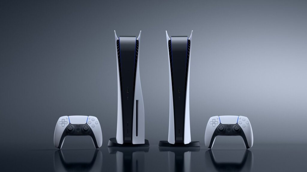 Official Sony Interactive Entertainment image showing the PlayStation 5 Disc Edition and Digital Edition alongside two