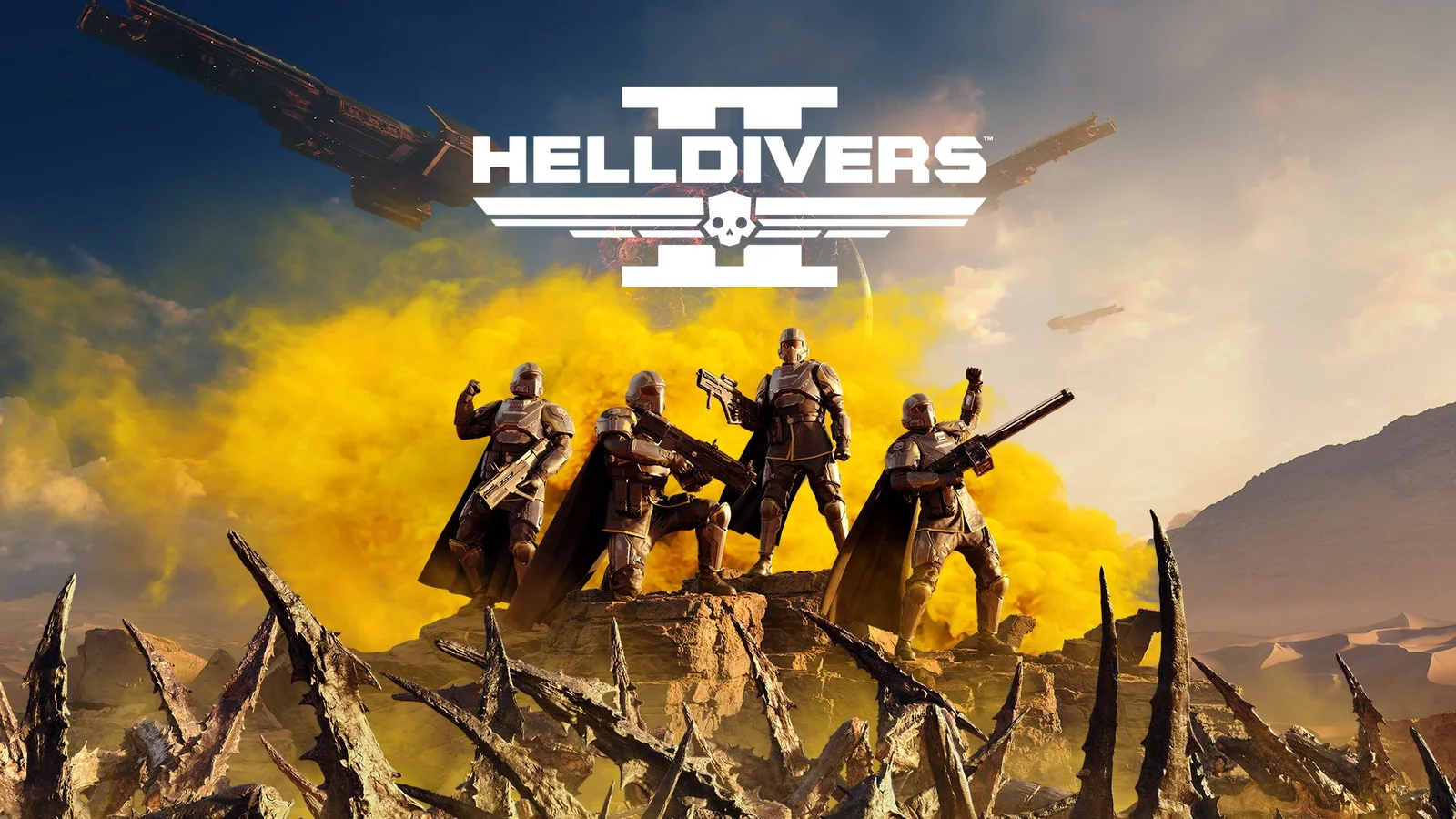Official Helldivers 2 key art showing four Helldivers standing together against an explosive yellow battlefield backdrop