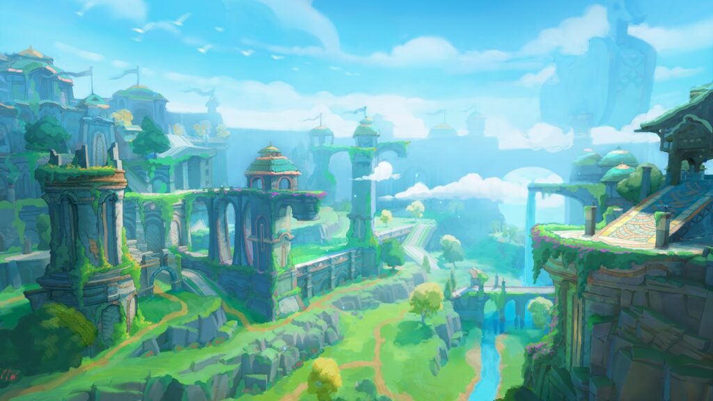 Spyro: A Realm Beyond Reveals First Look at Arcadian Vale Official Arcadian Vale artwork showing the colorful valley, towering waterfalls, ancient stone structures and lush