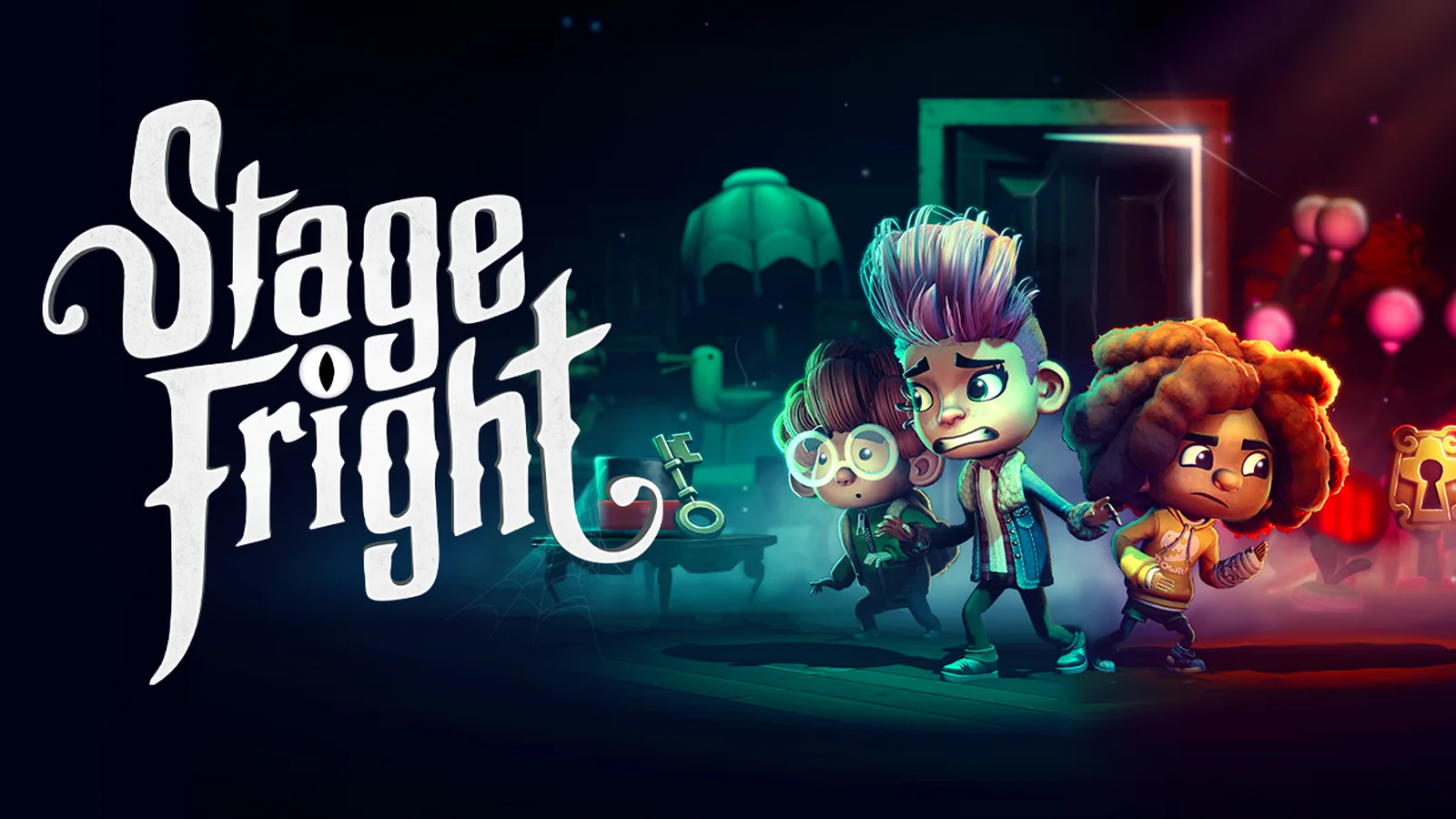 Official Stage Fright artwork showing Drew, Blake and Charlie together against the game’s eerie supernatural