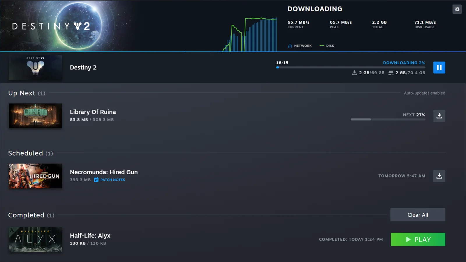 Official Steam downloads interface showing the modern desktop client with several games and the Steam navigation bar