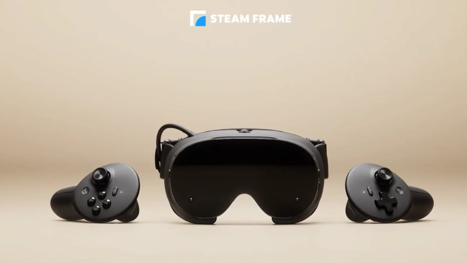 Steam Frame headset shown front-on between its two motion controllers