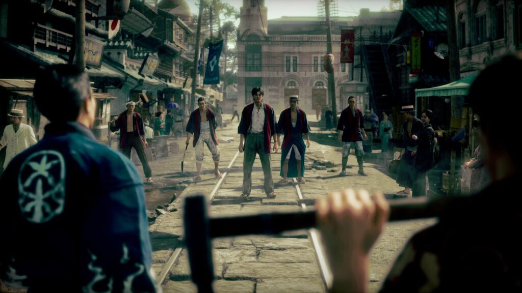 Stranger Than Heaven Steam Achievements Surface Months Before Launch Official Stranger Than Heaven gameplay screenshot showing Makoto Daito facing a group of armed opponents on a