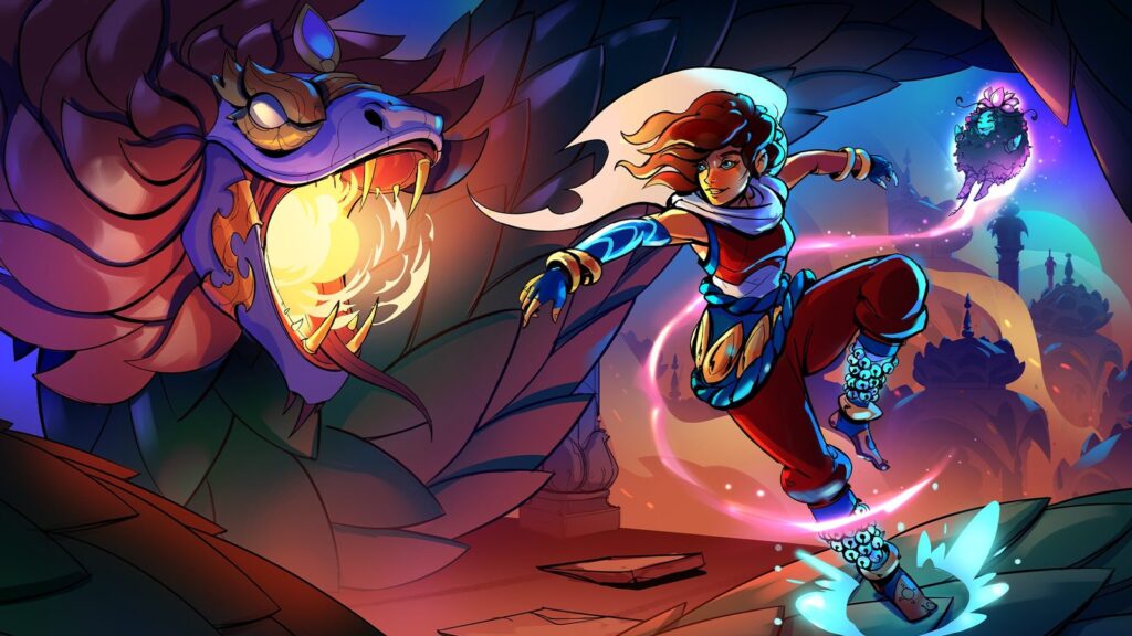 Ajira leaps through a vivid fantasy environment as a large dragon-like creature breathes fire behind her