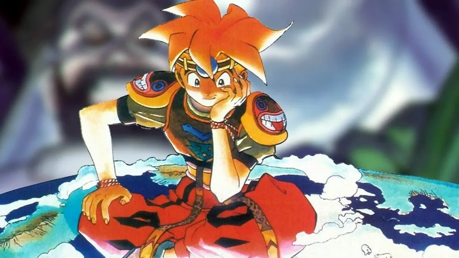 Terranigma promotional artwork showing Ark standing above the world beneath the planet and clouds