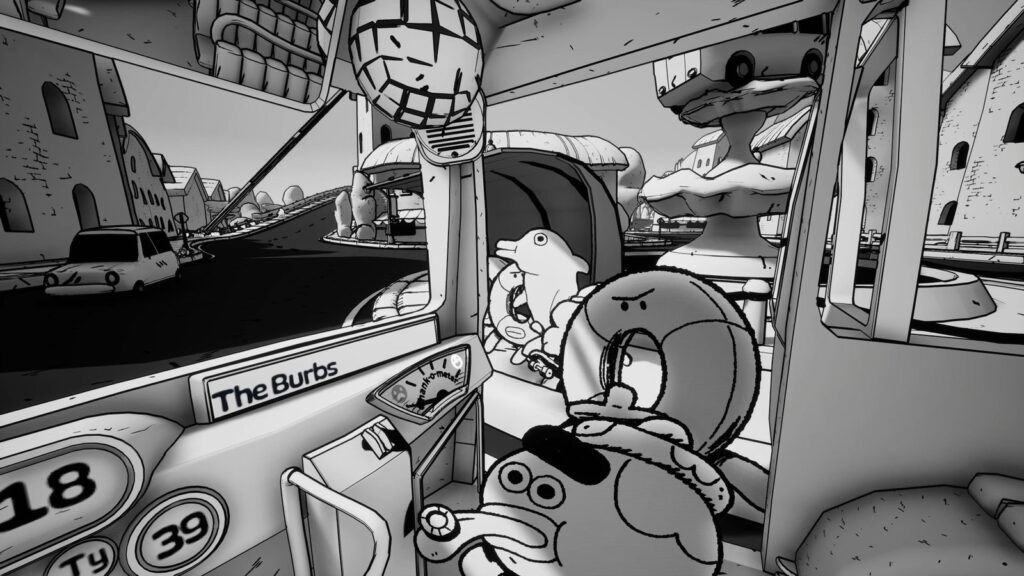Double Fine Reveals Chaotic Bus Game Thank You Bus Driver Official gameplay screenshot showing the bus dashboard, route timer and road ahead near the Lighthouse stop