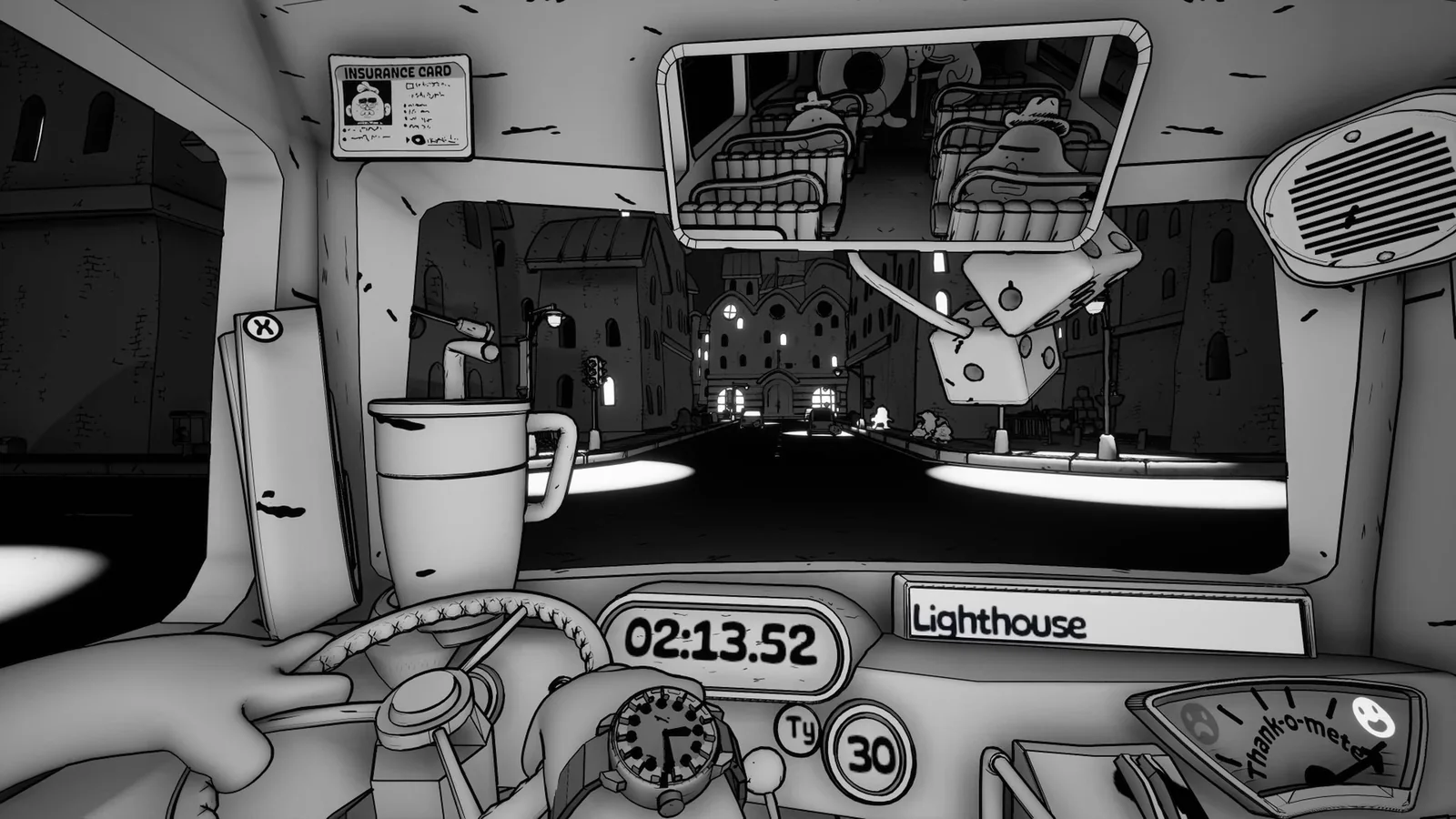 Official gameplay screenshot showing the bus dashboard, route timer and road ahead near the Lighthouse stop