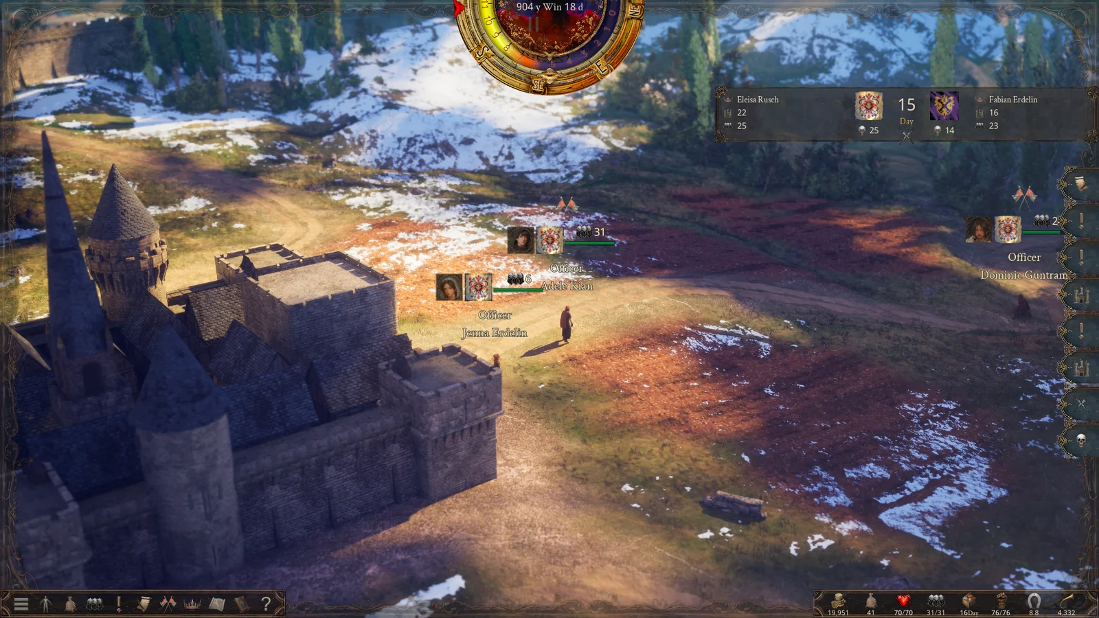 Official The End of History gameplay screenshot showing characters moving through a snowy medieval settlement and