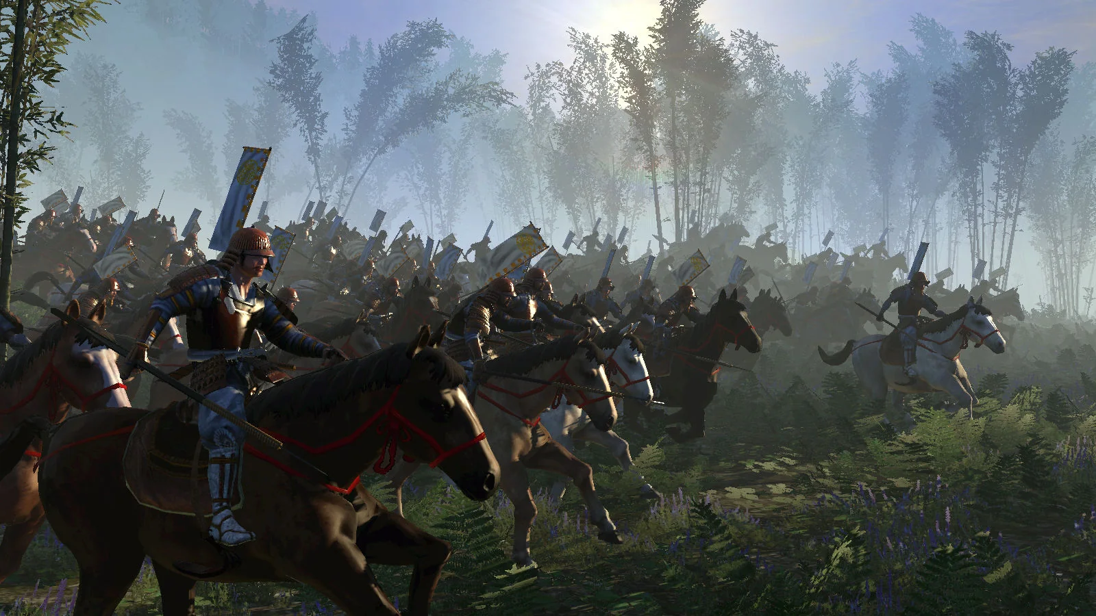 Official Total War: SHOGUN 2 naval battle screenshot showing multiple burning warships in combat