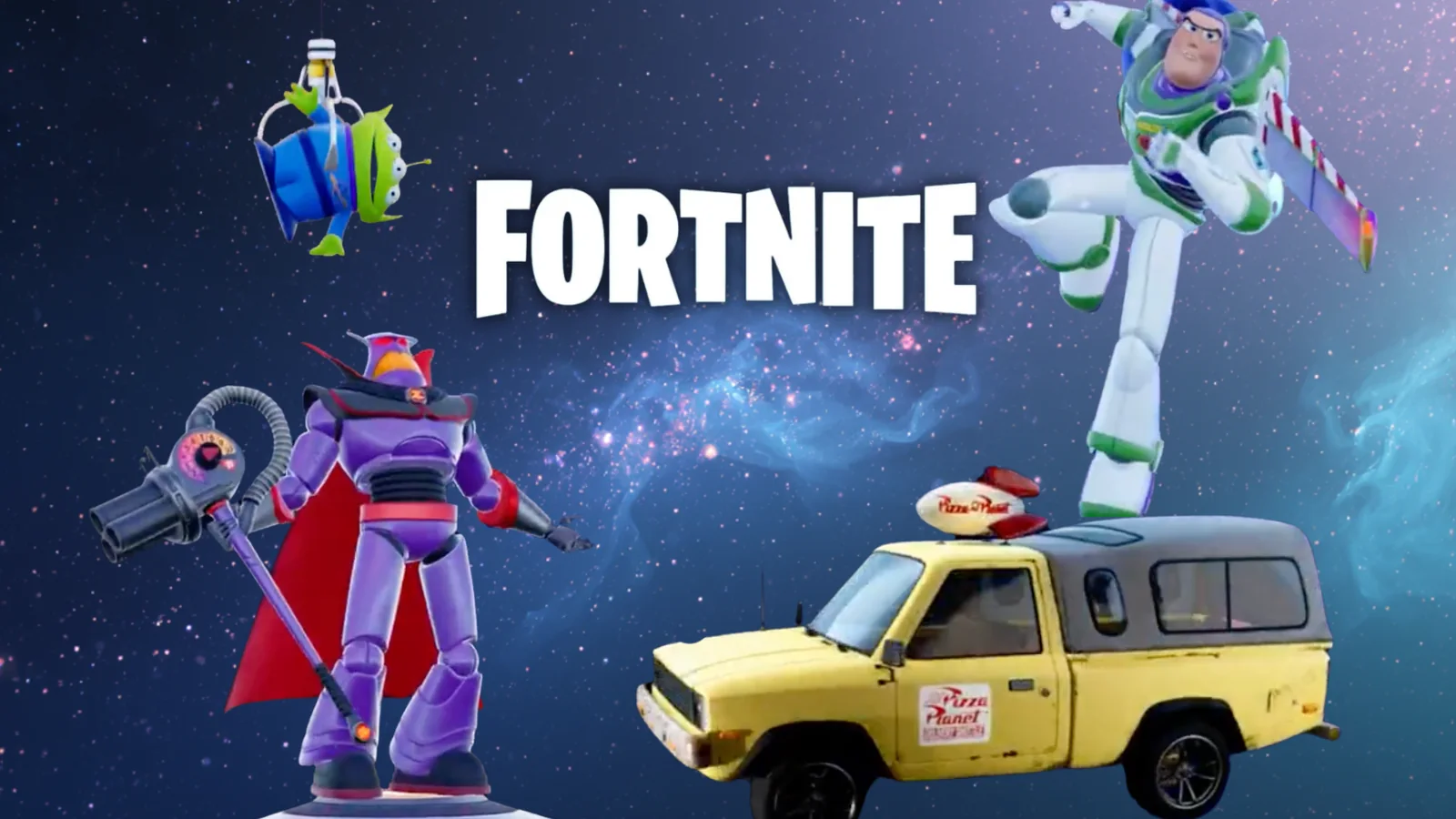 Fortnite and Toy Story crossover artwork featuring Buzz Lightyear, Emperor Zurg and themed cosmetics