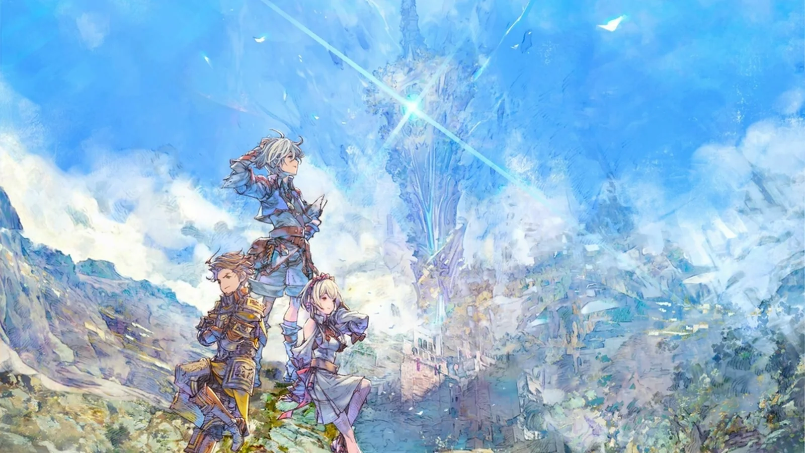 Official Trinity Trigger key art showing Cyan, Elise and Zantis overlooking Trinitia beneath a towering Arma