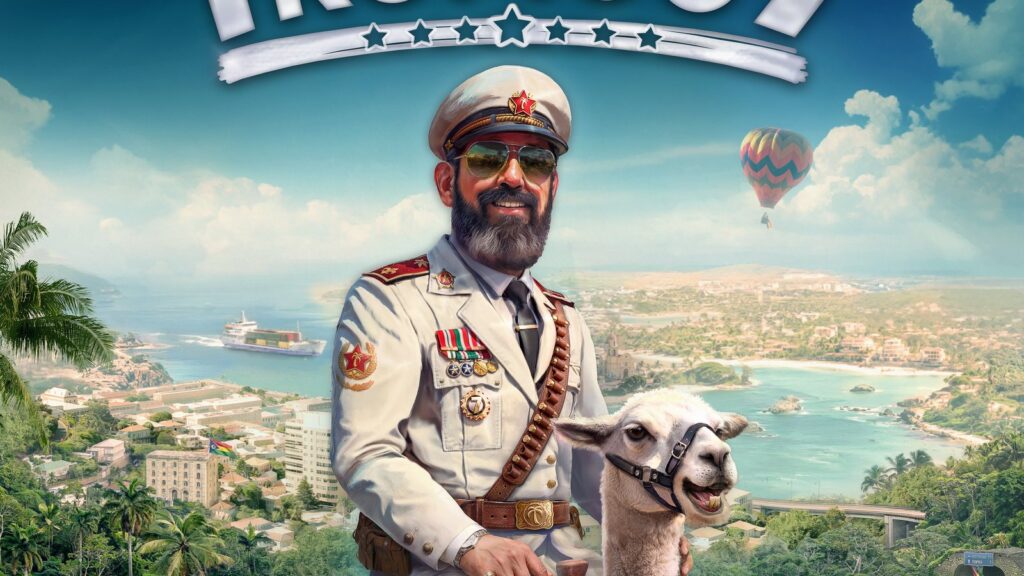Tropico 7 Adds Nintendo Switch 2 Version for January 2027 Official Tropico 7 key art featuring El Presidente seated beside a llama with a tropical island city in the background