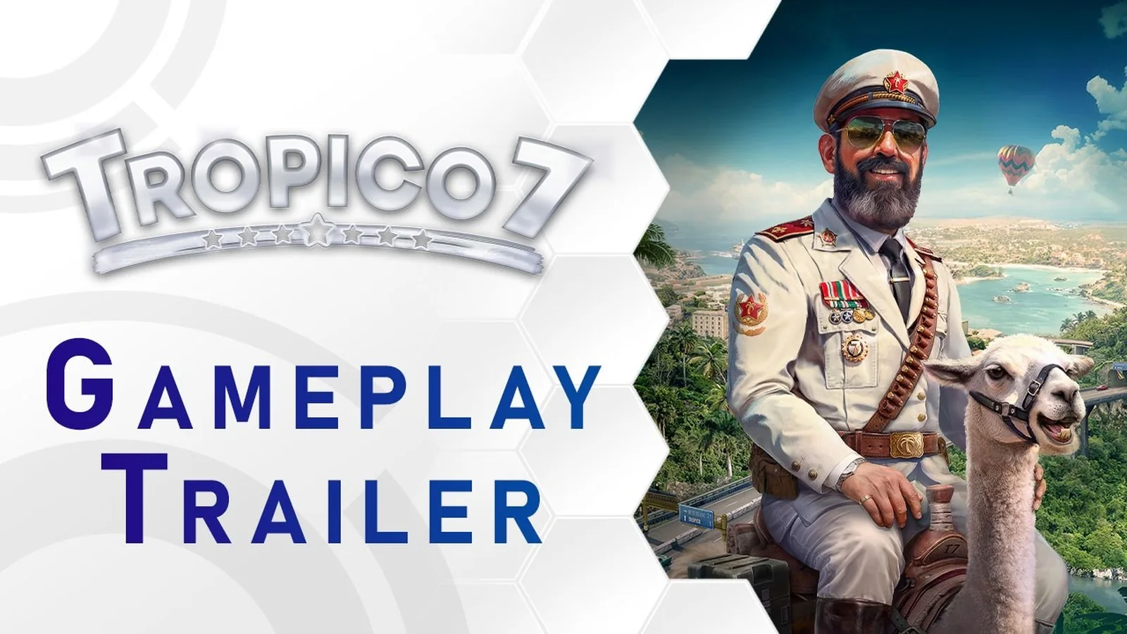 Official Tropico 7 gameplay trailer frame showing the island-management and construction gameplay