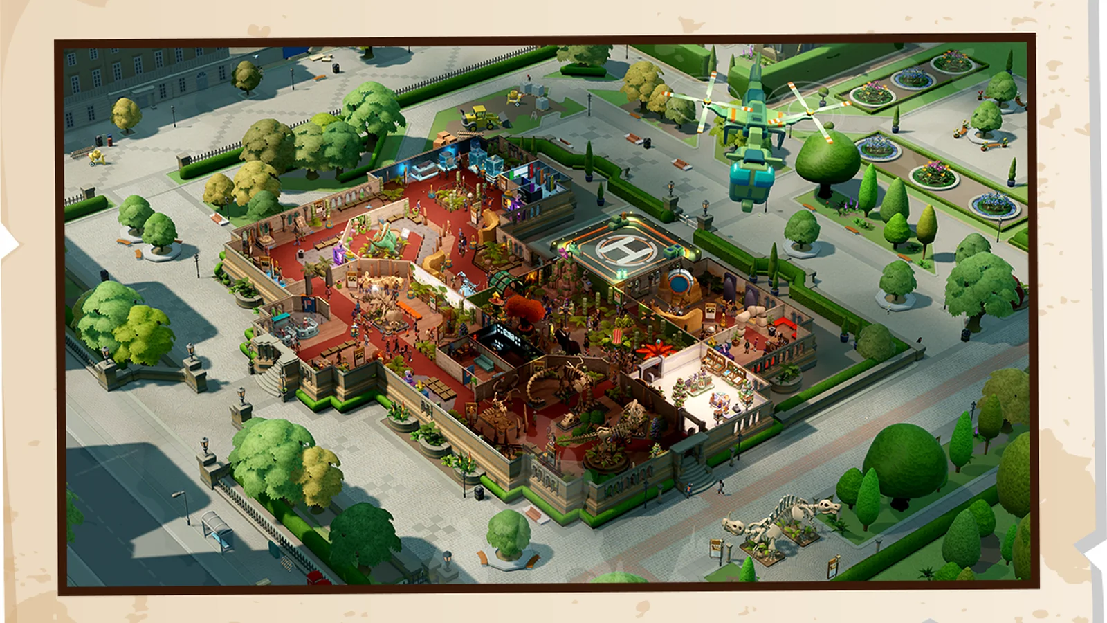 Official Two Point Museum overhead gameplay image showing a large museum complex with multiple themed exhibit areas