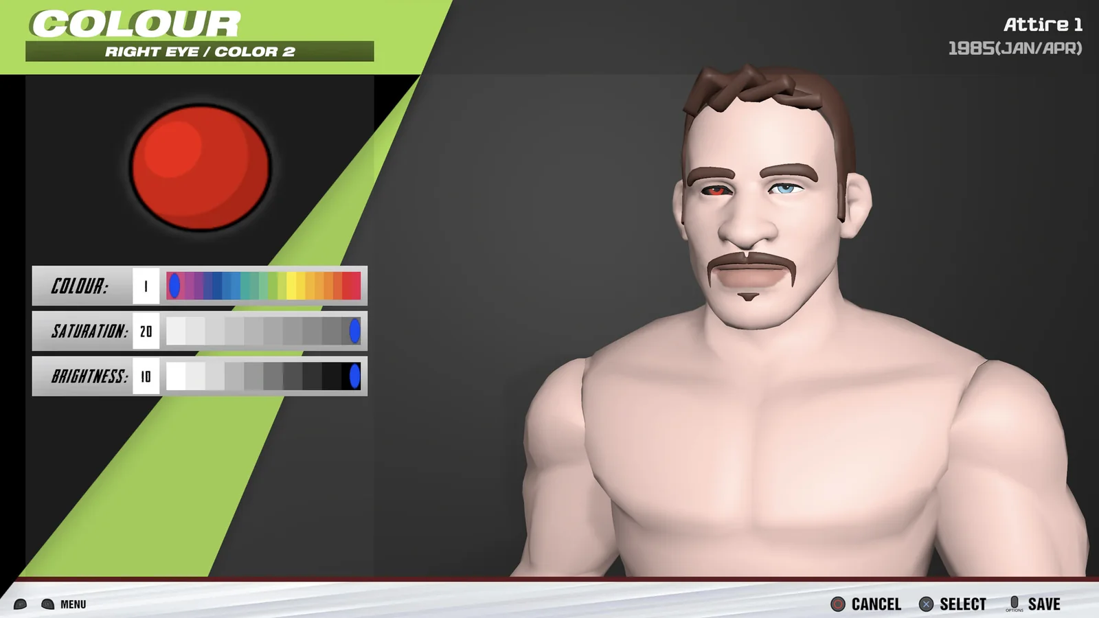 Official Ultra Pro Wrestling character-customization screenshot showing the wrestler editor and detailed color controls