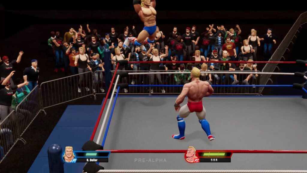 Official Ultra Pro Wrestling pre-alpha screenshot showing one wrestler launching from the top rope toward an opponent