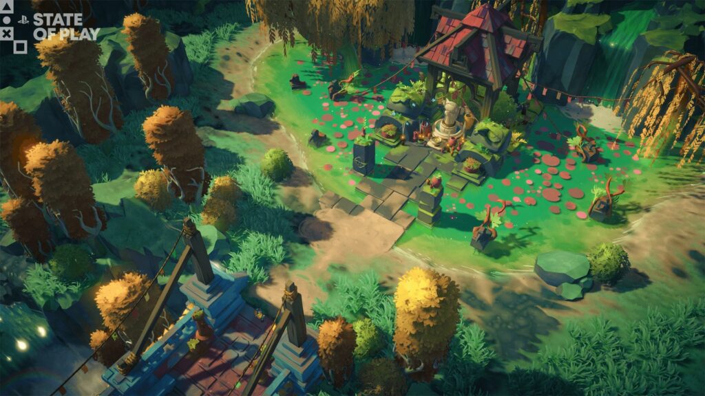 Uncanyon Revealed for PS5 With Reality-Blending Puzzle Gameplay Official Uncanyon gameplay image showing a colorful elevated environment with ruins, paths, vegetation and puzzle