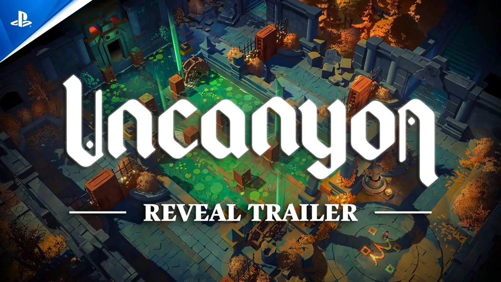 Official Uncanyon gameplay image showing a colorful elevated environment with ruins, paths, vegetation and puzzle