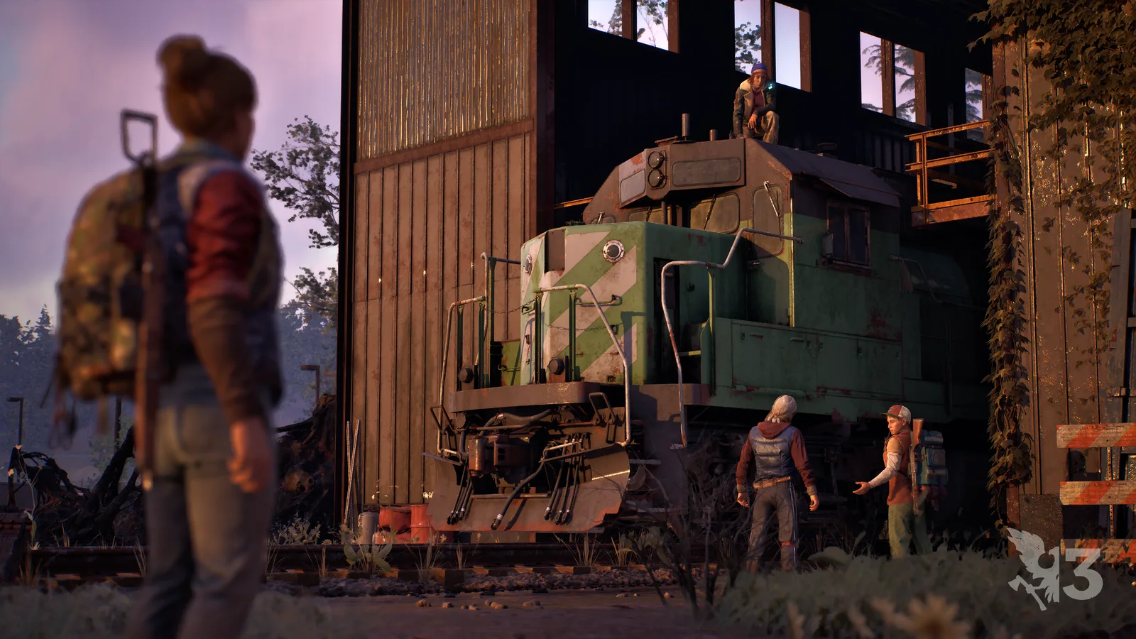 State of Decay 3 survivors investigating an old locomotive inside a rail shed