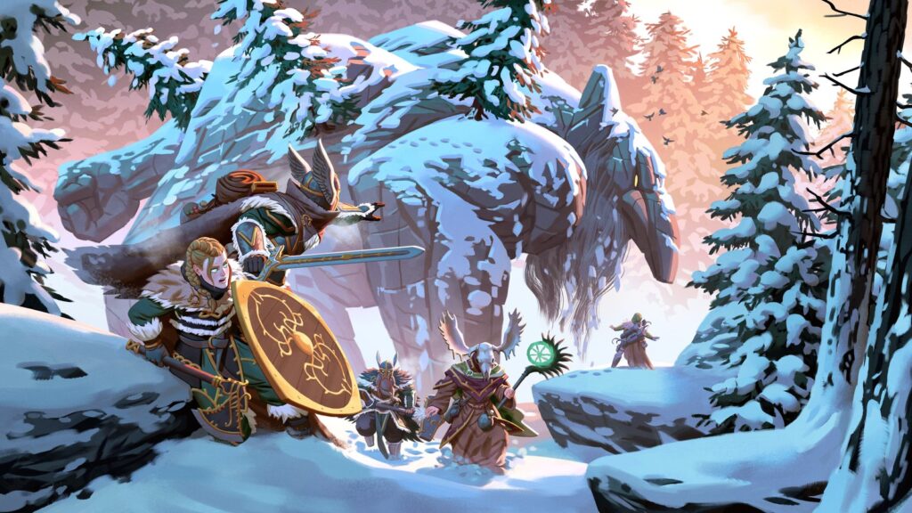Valheim 1.0 Launches With Deep North and Full Cross-Play Official Valheim 1.0 Deep North artwork showing a group of Vikings confronting a giant creature in a snowy forest