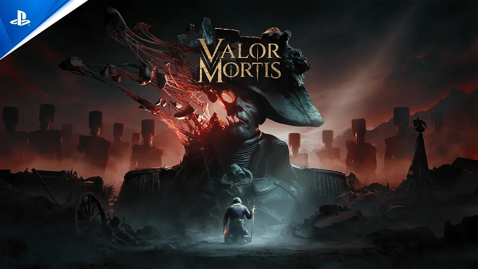 Official Valor Mortis gameplay screenshot showing the player facing a mechanical soldier in a ruined outdoor environment