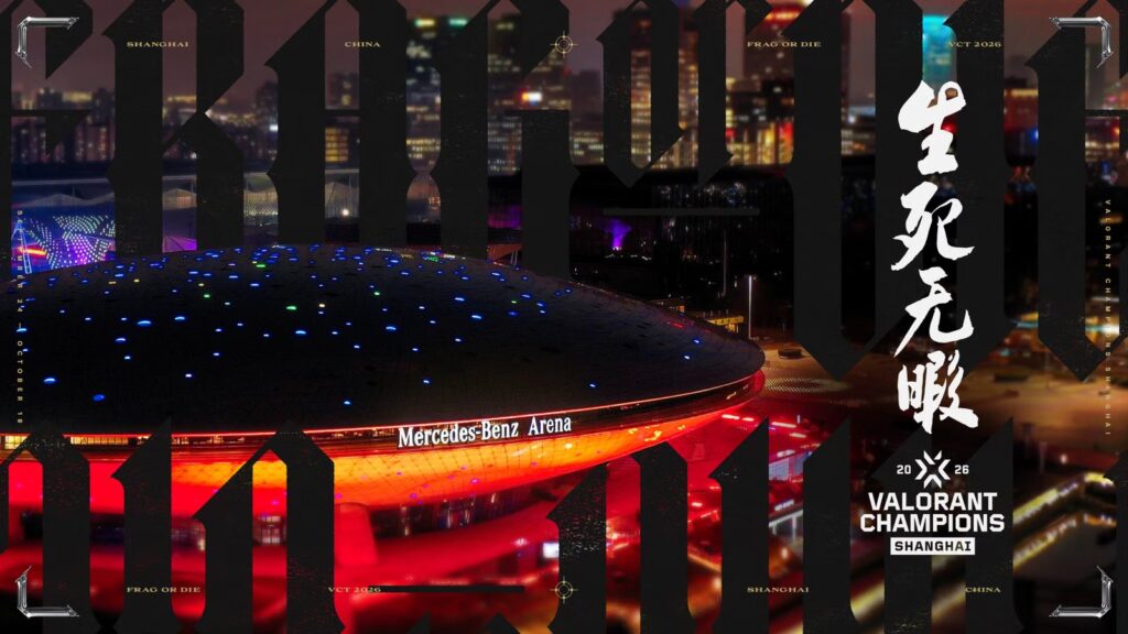 Riot Bans Teabagging at VALORANT Champions Shanghai Official VALORANT Champions Shanghai artwork showing the Mercedes-Benz Arena at night with Champions 2026 branding