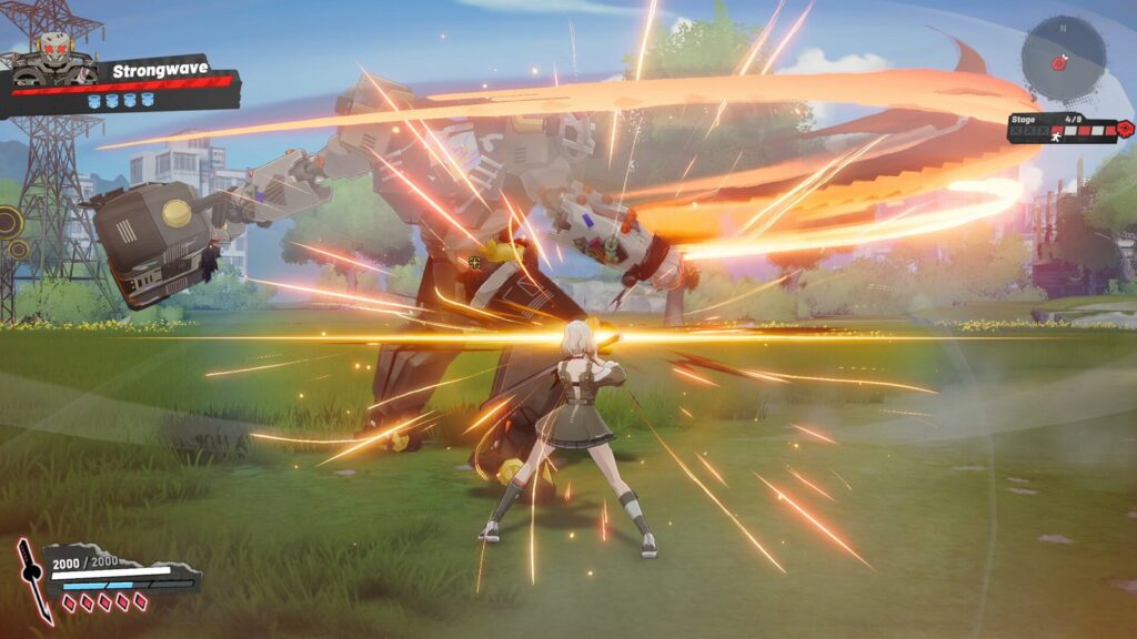 Ved: Recure Launches September 22 With Seven Playable Characters Official Ved: Recure gameplay screenshot showing a white-haired playable character fighting the giant robot boss