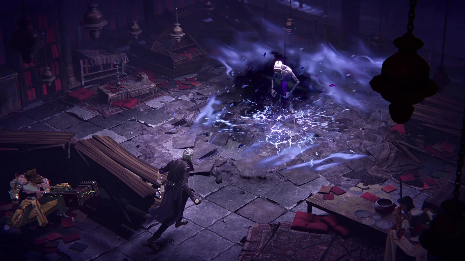 Official WANE screenshot showing grid-based combat in a blue industrial chamber with the party interface visible