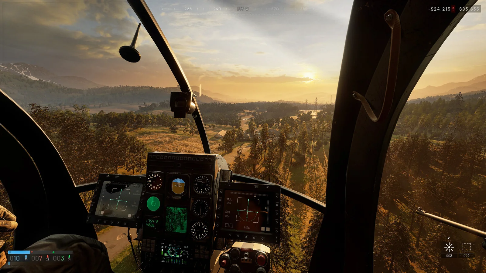 Official WARDOGS gameplay screenshot showing a helicopter cockpit flying over the game's large Eastern European