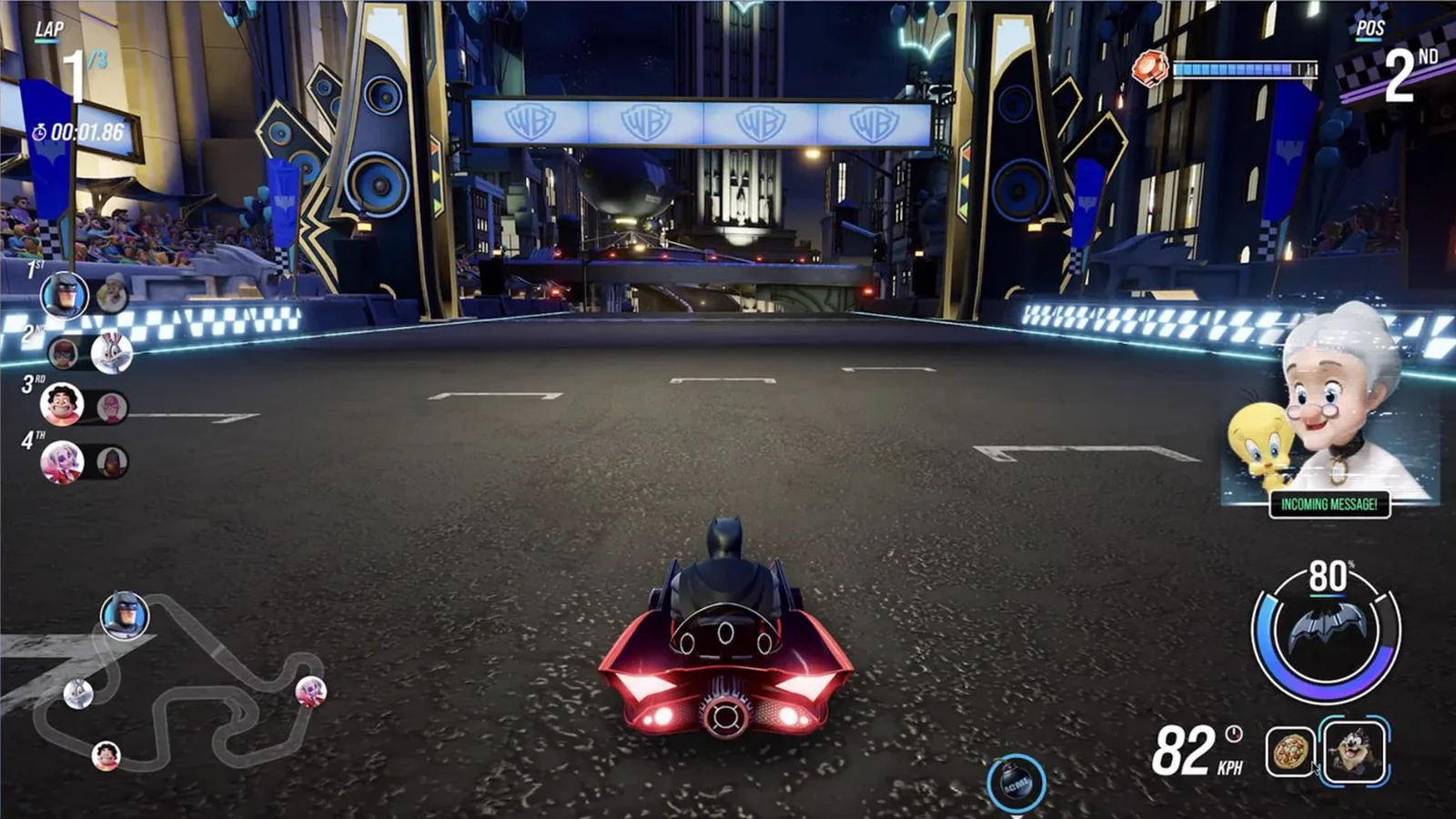 Leaked WB Racers gameplay image reportedly showing Batman driving through the cancelled crossover kart racer's Gotham