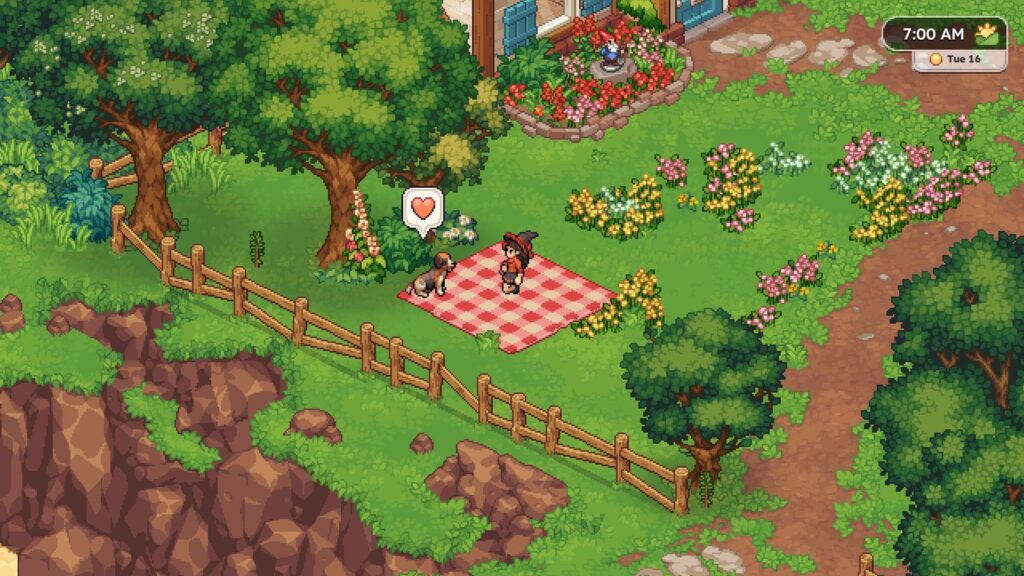 New Witchbrook TGS Gameplay Shows Flying, Fishing and Customization Witchbrook gameplay screenshot showing two characters having a picnic outside a cottage surrounded by flowers and