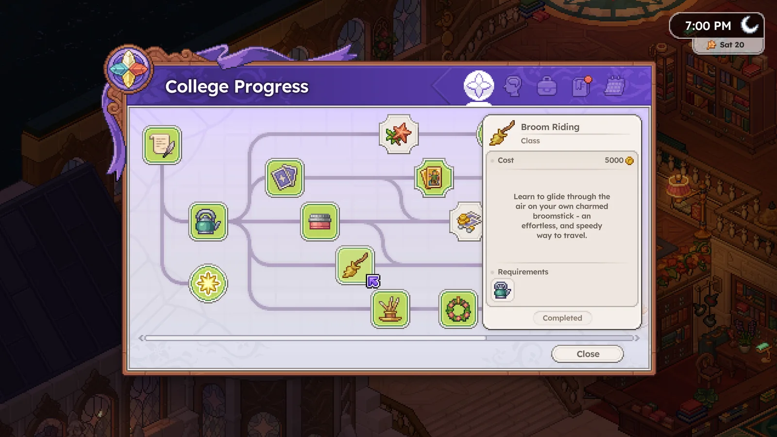 Witchbrook gameplay screenshot showing the college progress interface with Broom Riding selected