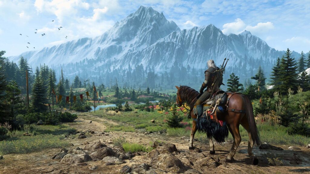 The Witcher 3 Remastered PS5 Download Size Reportedly 68.57 GB Geralt riding Roach through a bright mountainous landscape