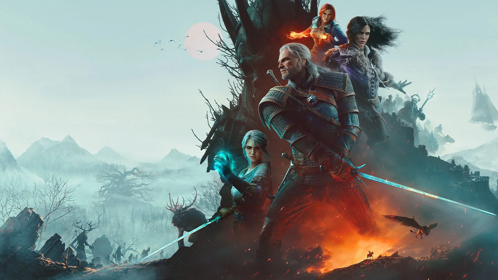 Geralt riding Roach through a bright mountainous landscape