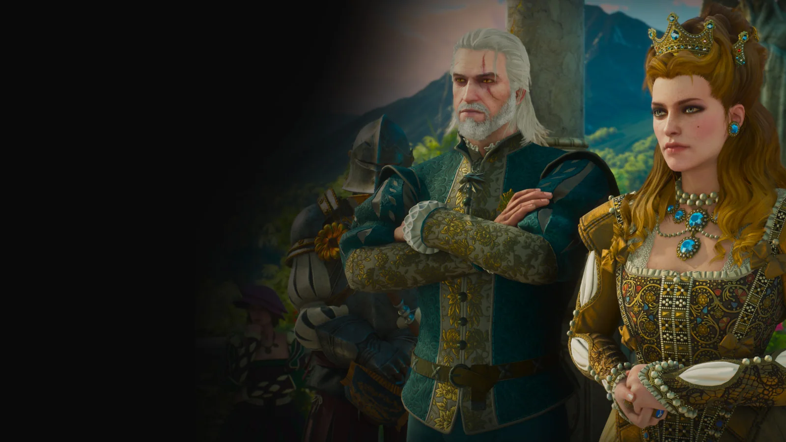 Geralt riding Roach through a mountainous landscape in The Witcher 3
