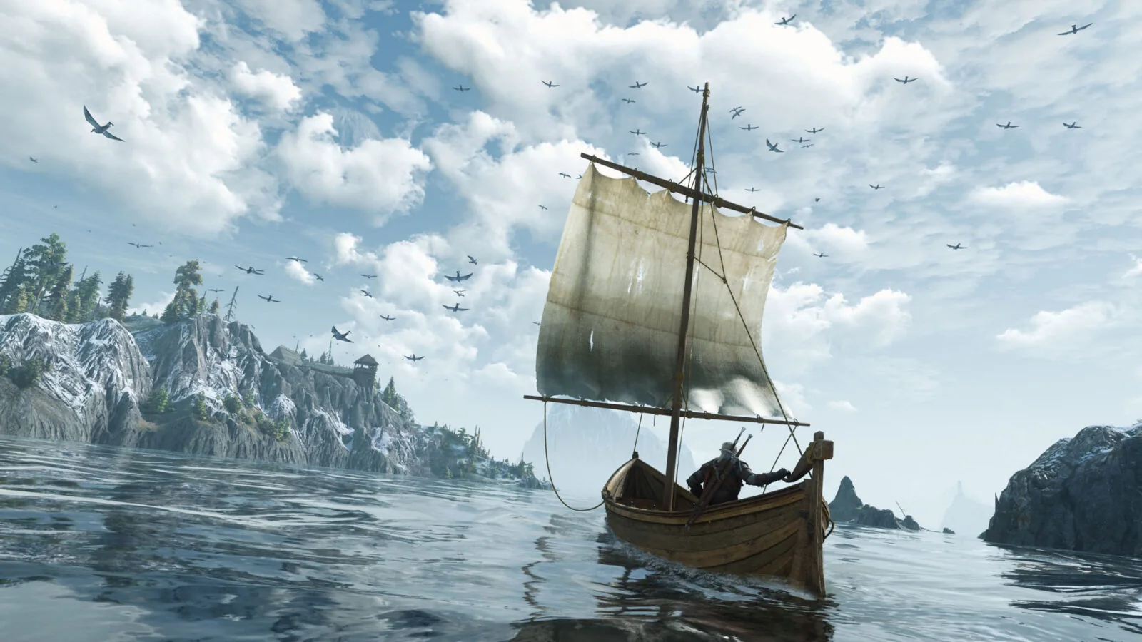 Official Witcher 3 Remastered screenshot showing Geralt sailing across a bright open sea beneath a dramatic cloud-filled
