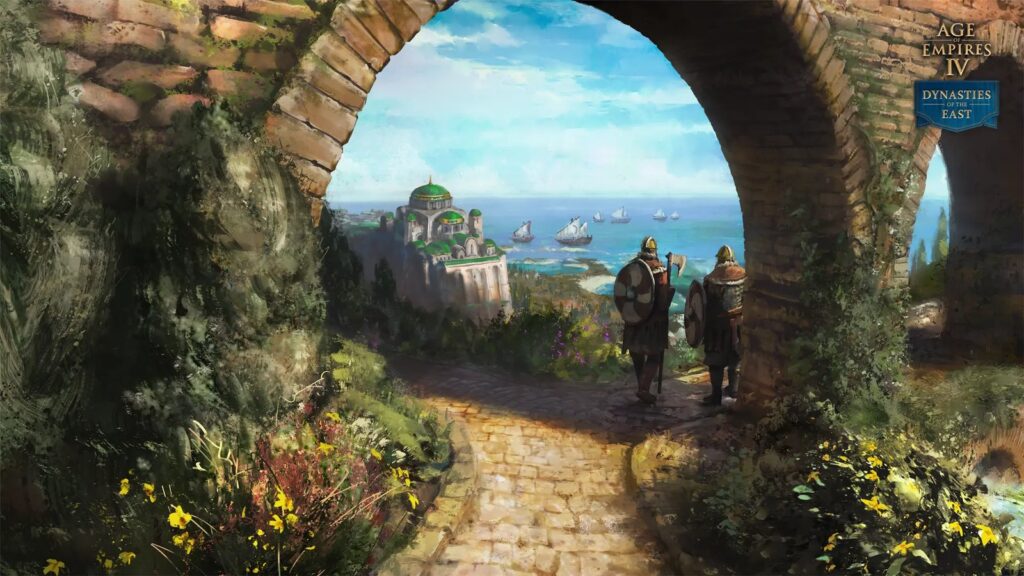 World’s Edge Reportedly Loses Nearly Half Its Staff in Xbox Cuts Age of Empires IV Dynasties of the East artwork showing two warriors overlooking a coastal settlement