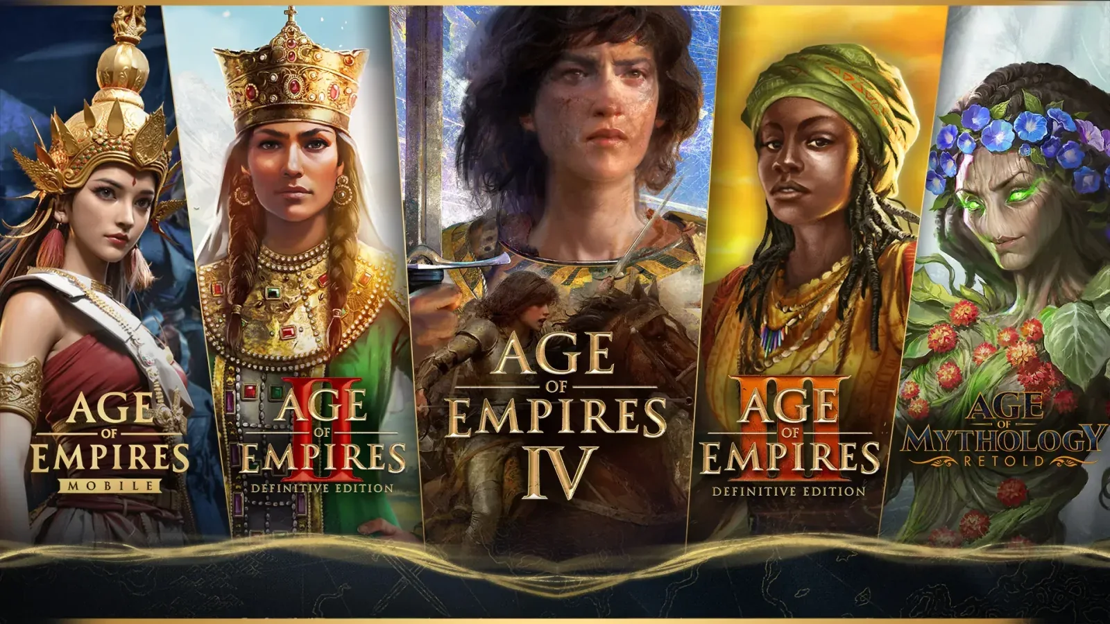 Age of Empires IV Dynasties of the East artwork showing two warriors overlooking a coastal settlement
