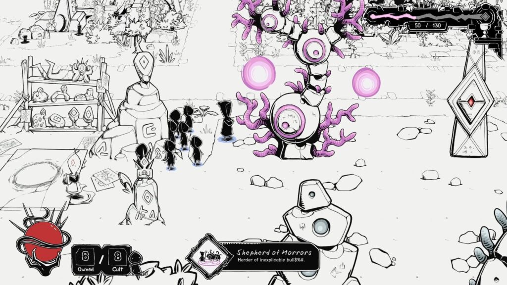 Worship Leaves Early Access and Launches on PS5 November 4 Official Worship gameplay screenshot showing a cultist and followers facing a large eldritch creature with pink glowing