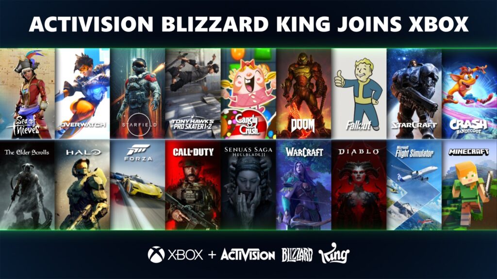 Xbox and Activision Blizzard King portfolio artwork featuring Halo, Call of Duty, Forza, Diablo, Minecraft and other