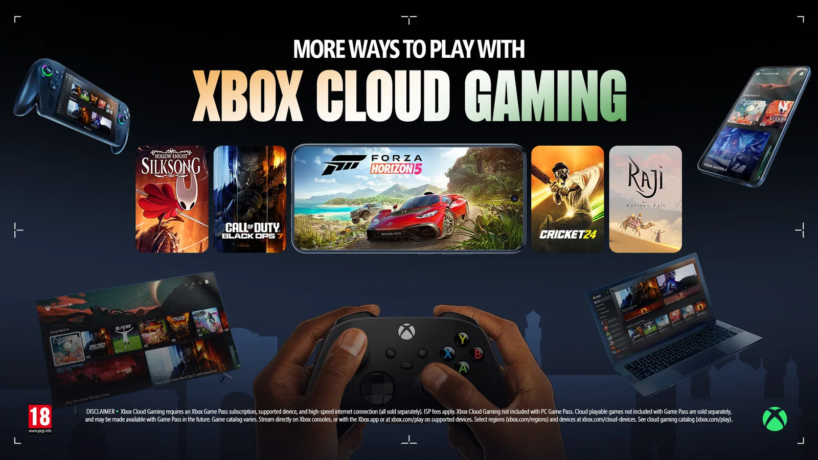 Official Xbox Cloud Gaming artwork showing handheld, phone, laptop and television devices around a controller and game