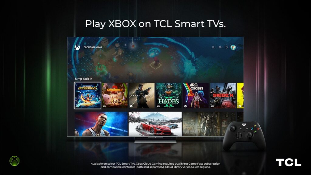 Xbox Cloud Gaming Is Coming to Select TCL Smart TVs Official Xbox and TCL promotional image showing the Xbox Cloud Gaming interface running on a TCL smart TV beside an Xbox