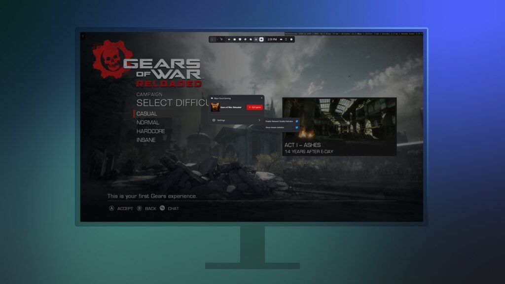 Official Xbox Cloud Gaming interface shown on a large display with a library including The Outer Worlds 2, Sea of