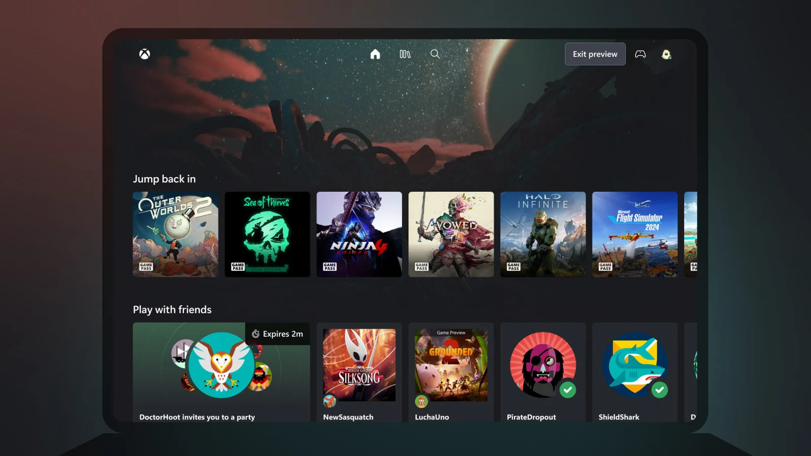 Official Xbox Cloud Gaming interface shown on a large display with a library including The Outer Worlds 2, Sea of